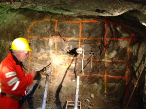 The guide is showing that when the mine was still active, the galleries were created by drilling and blasting 